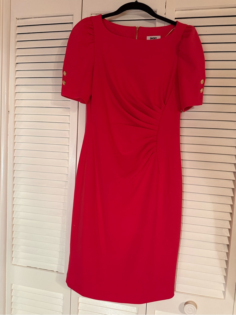 Super Cute DKNY Red Midi Sheath Dress with Gold Button Sleeves, Ruched Waist